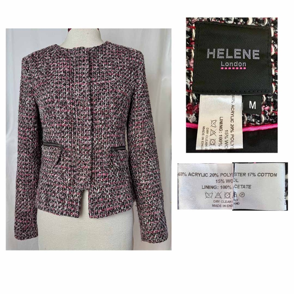Helene LONDON  Women Medium Woven Tweed Zip Front Round Neck Jacket EUC